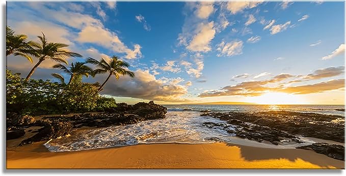 DZL Art S75462 Large Beach wall art Secret Beach at sunset, Maui, Hawaii Canvas Wall Art For Living Room Decoration Nature Picture Canvas Prints Painting for for Office Wall Decor Home Decorations