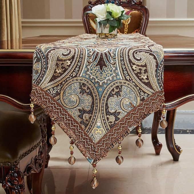 Luxury Vintage Design Table Runner 90 inches Long Embroidery Jacquard Fabric with Multi-Tassels Table Runners for Dining Room Dresser Wedding Holiday Party Fireplace Decorations (Coffee, 12X90inch)