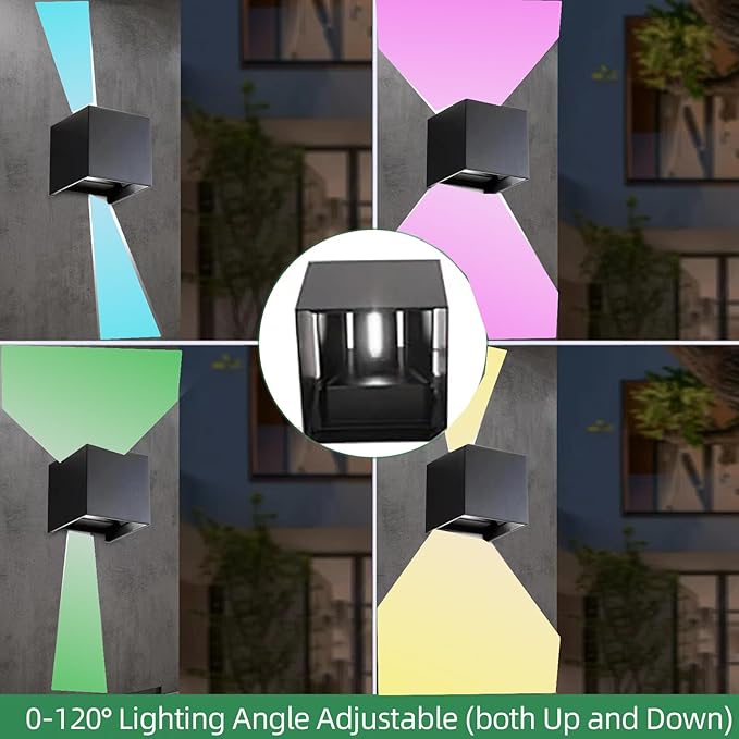 Wrasse RGB Outdoor Wall Sconce Lighting Color Changing Porch Wall Lights RGBW Modern Cube Light 120V Black Up Down Mounted Exterior Wall Sconces Fixtures for House Outside Front Door
