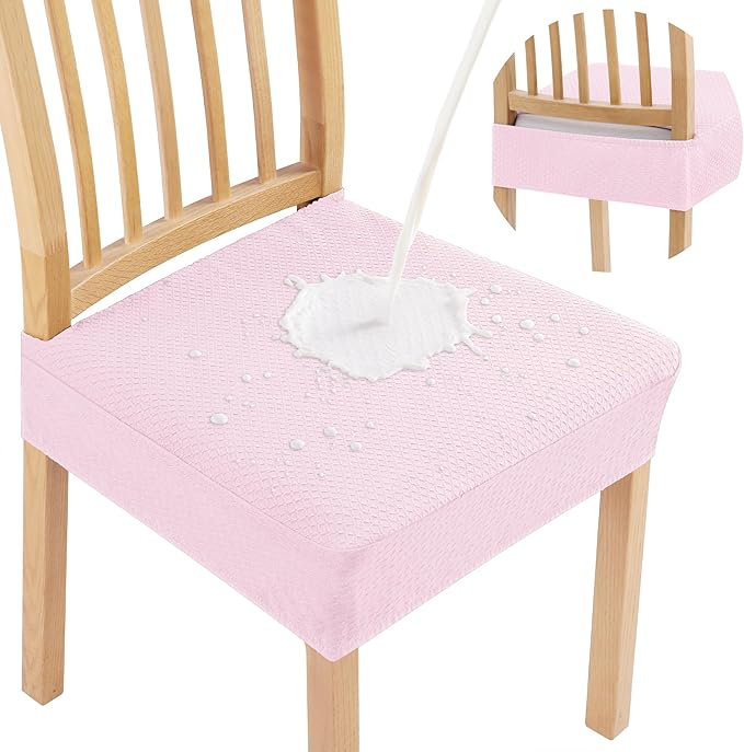 Smiry Waterproof Seat Covers for Dining Room Chairs Set of 8, Stretch Jacquard Removable Washable Chair Seat Slipcovers Protector, No Rear Covers, Pink