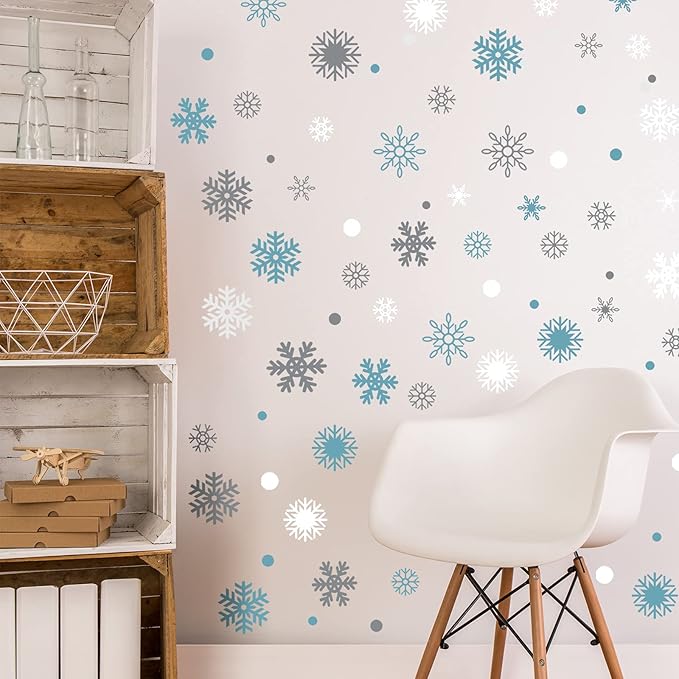 Outus 249 Pcs/ 6 Sheets Winter Snowflakes Wall Decals Snowflake Winter Party Silver and Blue Wall Decals Removable Home Decor(Blue, Grey, White)