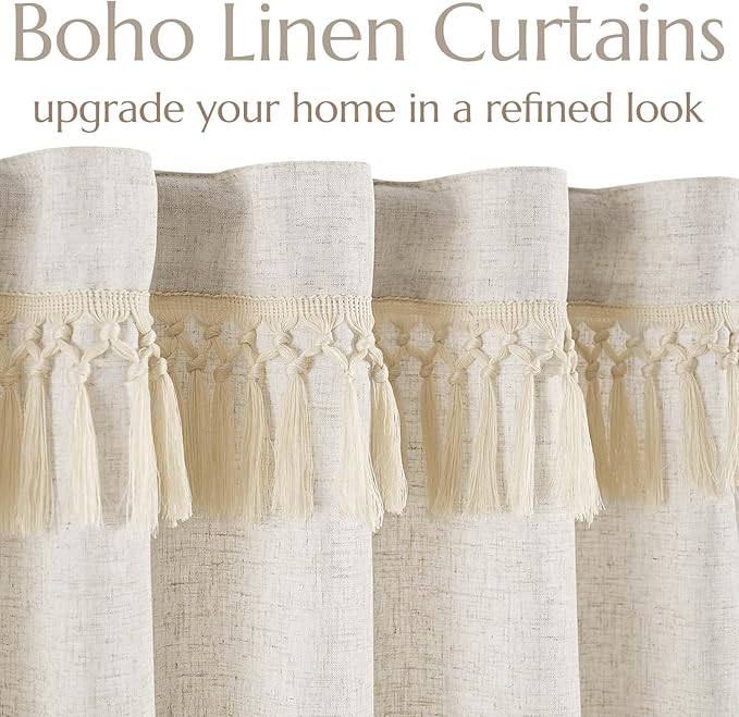 jinchan Linen Curtains for Living Room Bedroom Light Filtering Semi Sheer Curtains Boho Farmhouse French Country Cottage Core Decor Window Drapes Back Tab 90 Inch Length Tassel Beige
