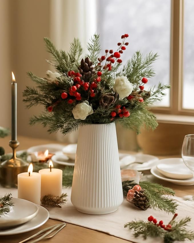 White Ceramic Vase – Frosted Elegant Flower Vase for Pampas Grass, Dried or Fresh Flowers, Modern Minimalist Farmhouse Home Decor for Living Room, Dining Table, Wedding Centerpiece