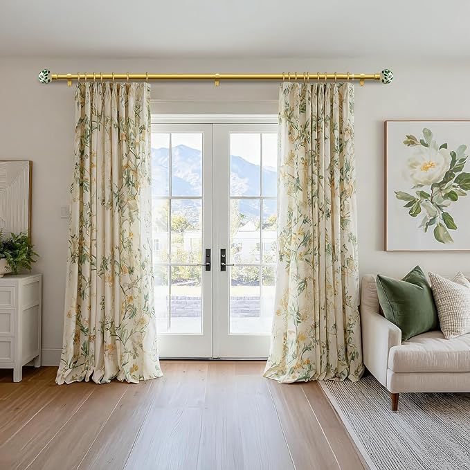 Ceramic Curtain Rods Gold Set of 2 for Windows 28 to 48 Inches Adjustable Length Duty 1" Diameter Window Curtain Rod with Modern Green Leaf Pattern Decorative Finials for Bedroom Living Room Kitchen