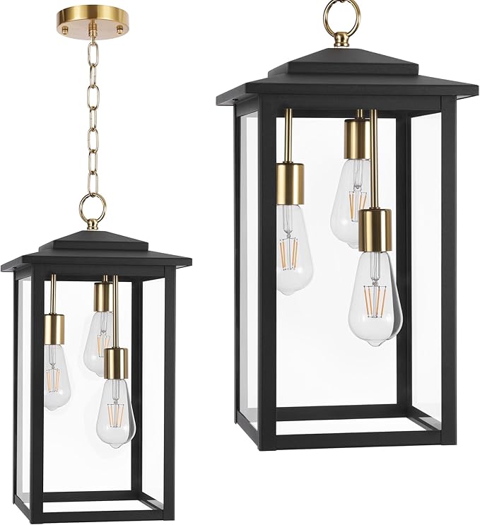 LamQee Large Outdoor Pendant Lights, 3-Lights Black and Gold Outdoor Chandelier Lighting Fixture, Modern Exterior Ceiling Hanging Lantern with Glass, for Porch Front Door Patio Gazebo Entryway Foyer