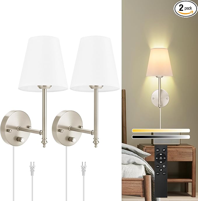 Wall Sconces Set of Two with Remote Control, Dimmable, Adjustable Colors 2700-6500K, Plug in Wall Sconces with White Fabric Shades, Plug in Wall Light, Brushed Nickel