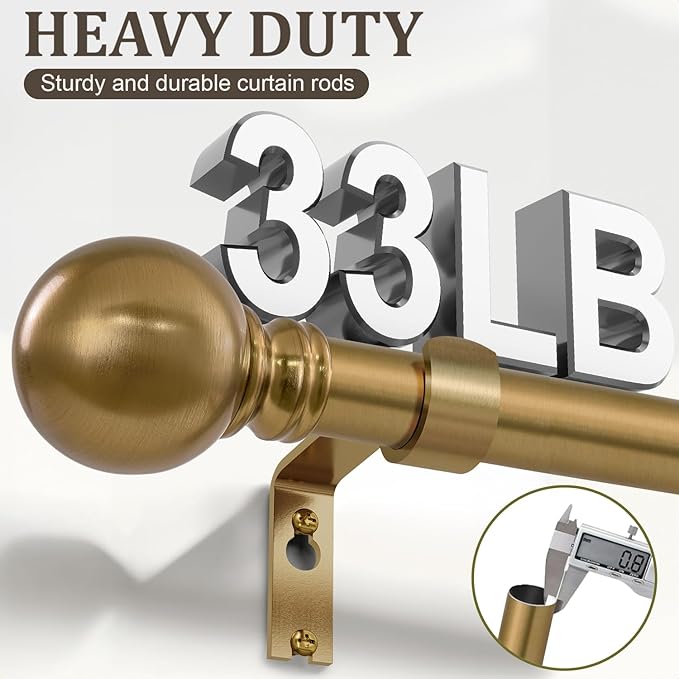Warm Gold Curtain Rods for Windows Small 28 to 48 Inch 1" Diameter Short Adjustable Heavy Duty Antique Brass Metal Decorative with Finials Vintage Brushed Bronze for Living Room Bedroom Kitchen
