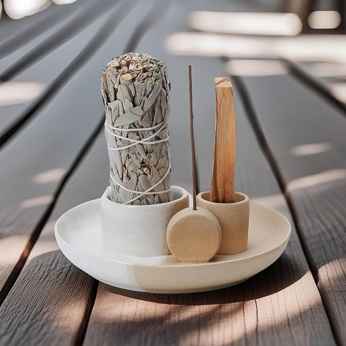 4 in 1 Incense Holder, Ceramic Incense Stick and Palo Santo Holder,Sage Holder for Burning- 5.5" Ceramic Ash Catcher Tray for Meditation and Yoga Room (Sun White Sand)