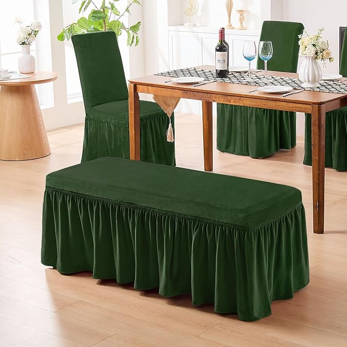NICEEC Spandex Stretch Dining Bench Cover with Skirt Removable Bench Slipcover Rectangle Washable Bench Cushion Covers for Dining Room Living Room Bedroom Kitchen(Green)
