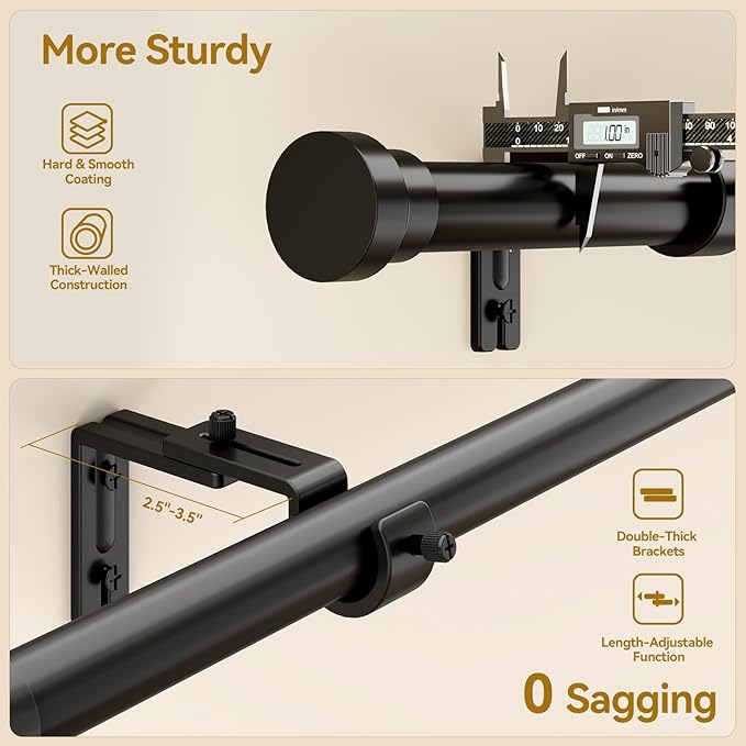 YaFex Curtain Rods 32-84 Inch, Heavy Duty 1 Inch Adjustable Curtain Rod for Windows, Black Long Window Treatment Rods, Modern Design, Easy Installation