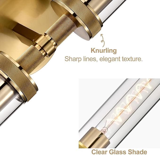 LaLuLa 2-Pack Bathroom Vanity Light Fixtures – Modern 2-Light Gold Wall Sconces with Knurled Texture, Clear Glass Shades, Horizontal or Vertical Mount, Bathroom Lighting Fixtures Over Mirror