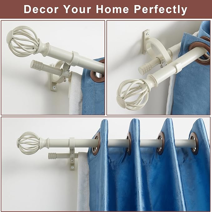 Antique White Double Curtain Rods for Window 36-72", Double Drapery Rods with Round Cage & Barrel Finials, Adjustable 1-Inch Front and 5/8 Inch Back Dual Curtain Rod