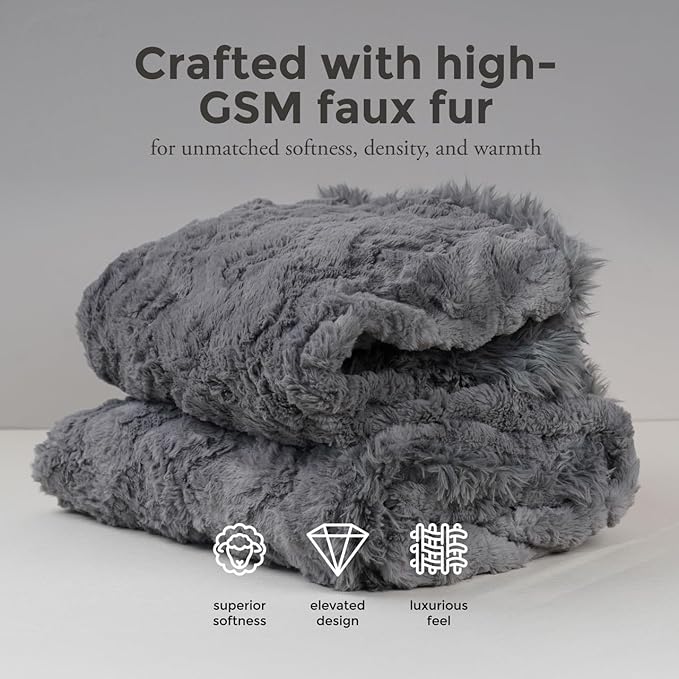 Mon Chateau 60" x 70" Hearthside Faux Fur Throw Blanket, Reversible Soft Blanket for Queen-Size Bed, Couch, or Sofa, Cozy Home Decor and Stylish Living Room Comfort, Winter Cream (Fog Stone Jacquard)