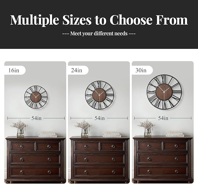 Wall Clock, Modern Clocks for Living Room Decor, 16 inch Wood Walnut Dial Decorative Wall Clock Battery Operated, Non Ticking Silent Black Metal Clock for Bedroom, Kitchen, Office-Roman Numerals