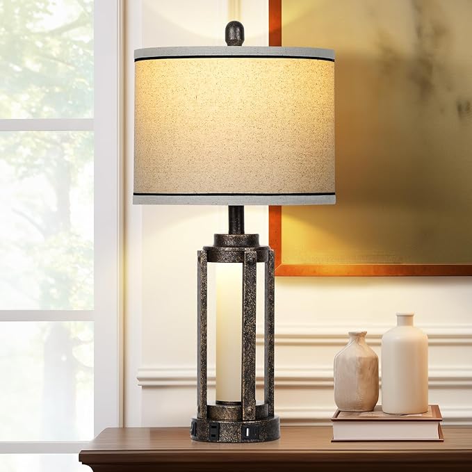 Farmhouse Industrial Lamp with USB A+C Charging Ports & AC Outlet, 26" Vintage Rustic Retro Table Lamp with Glass LED Night Light & Linen Fabric Shade for Living Room Bedrooms Single(2 Bulbs Included)