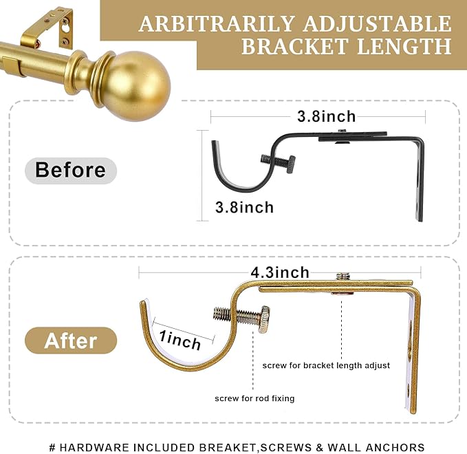 Curtain Rods - 1" Diameter, 32-48" Standard Decorative Window Curtain Rod Set with Brackets for Bathroom, Kitchen, Bedroom - Gold