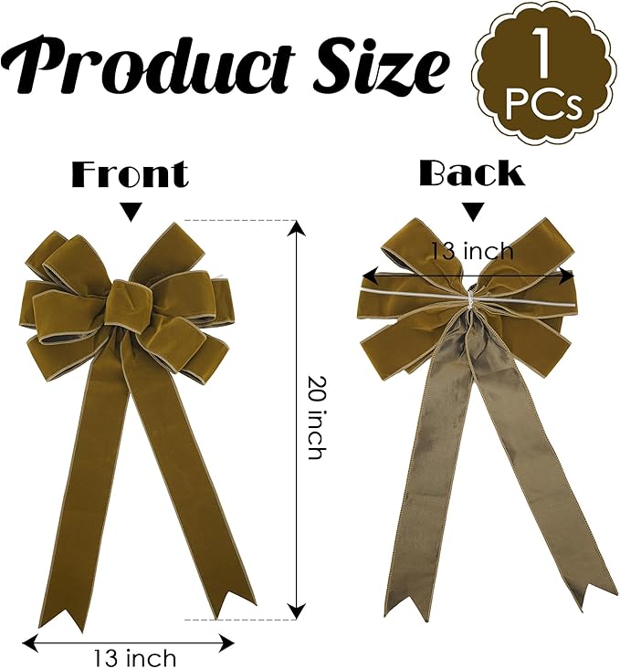 13" Khaki Pre-Tied Velvet Bow for Christmas Tree, Rustic Bow for Wreaths, Wedding, Premade Bows with Twist Tie, Tree Toppers Bows for Party Favor, Christmas Home Indoor Outdoor Decor-1 PCs