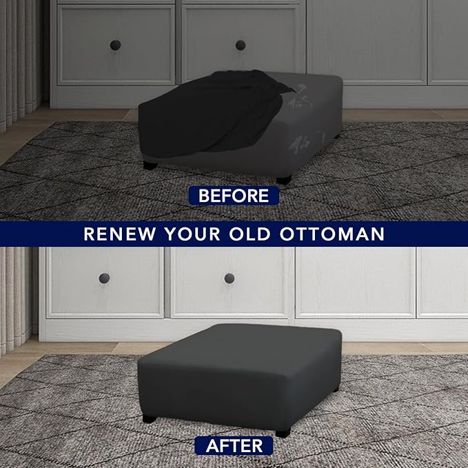 PureFit Super Stretch Form Fit Square Ottoman Cover Rectangle - Ottoman Slipcovers for Foot Stool & Folding Storage Furniture for Living Room with Nonslip Elastic Bottom (Medium-XL, Dark Gray)