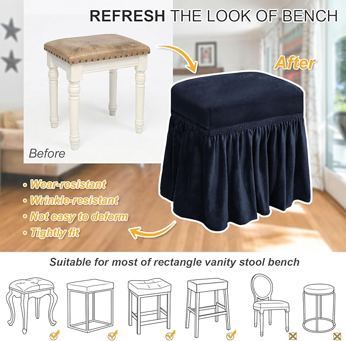 NICEEC Spandex Stretch Vanity Bench Cover with Skirt Removable Super Soft Rectangle Bench Slipcover Washable Bench Cushion Seat Covers for Living Room Bedroom Kitchen(NavyBlue)