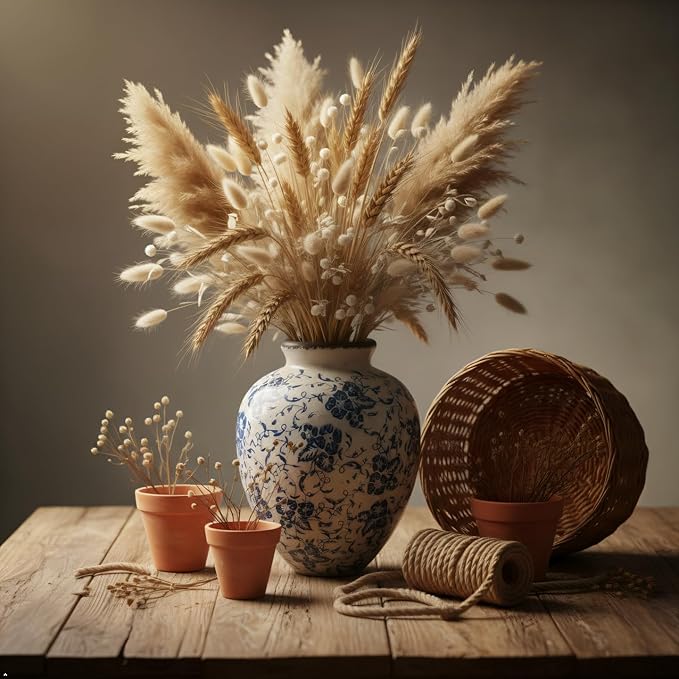 Blue and White Ceramic Vase 8 Inch – Vintage Floral Pottery Vase with Crackle Glaze, Waterproof Decorative Vase for Flowers, Greenery, Small Bouquets – Farmhouse Cottage Table Shelf Decor
