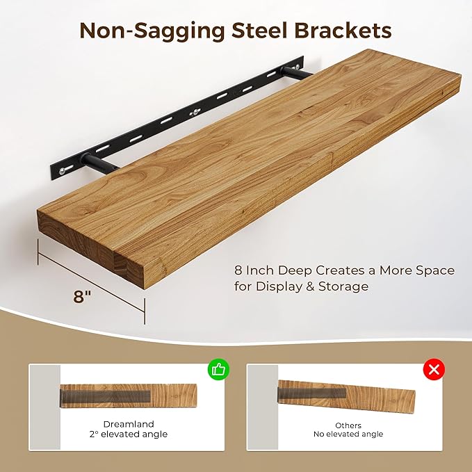 Dreamland 72 inch Floating Shelves for Wall Solid Elm Wood Wall Mounted Shelves|Rustic Long Floating Shelves with Invisible Bracket for Bathroom Living Room Kitchen|Natural, 1 Pack