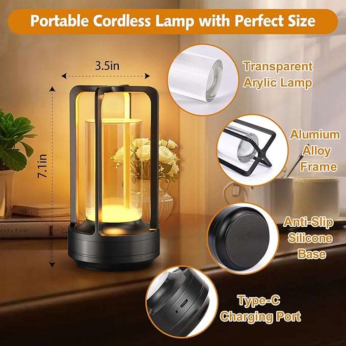 Portable Table Lamp for Outdoor Indoor: Cordless Rechargeable Desk Lamp with 3 Color Stepless Dimmable - Metal Battery Operated Lantern Light for Bedroom/Bar/Coffee Shop/Camping (Black)