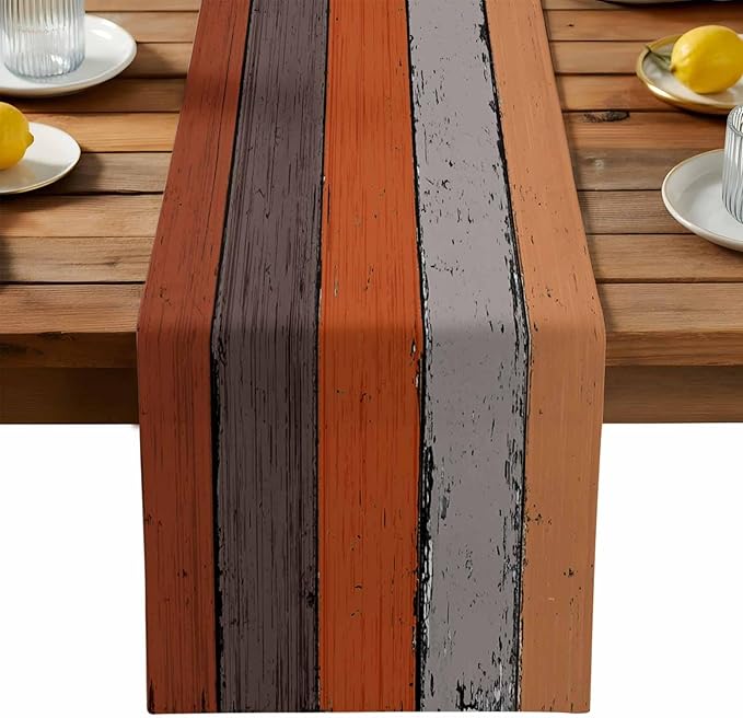 Farmhouse Cotton Linen Table Runner Dresser Scarf Retro Rustic Barn Wood Texture Ombre Burnt Orange Gray Non-Slip Rectangle Settings Decoration for Kitchen Home Dining Holiday,72 inches Long