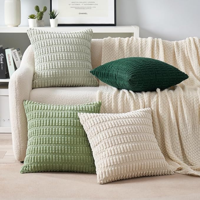 MIULEE Pack of 4 Summer Neutral Corduroy Decorative Throw Pillow Covers 20x20 Inch Farmhouse Boho Rustic Soft Striped Pillow Covers Home Decor for Sofa Living Room Couch Bed Green