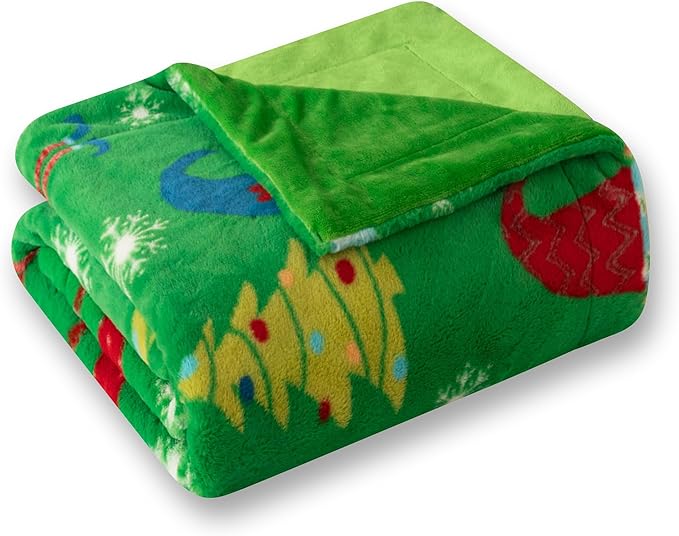 COOVA Christmas Faux Rabbit Fur & Flannel Throw Blanket 50x60 Inch - Festive Luxury Soft & Cozy, Perfect for Holiday Decor, Bed, Sofa, Couch, Father Christmas Pattern,Green