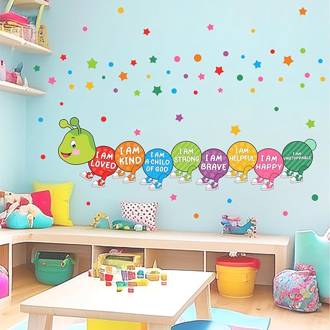 Kids Wall Stickers Decor Colorful Inspirational Wall Decals Baby Nursery Wall Decal Peel and Stick Motivational I Am Quotes Walls Art Vinyl Decals Polka Dots Murals for Classroom Bedroom Decor