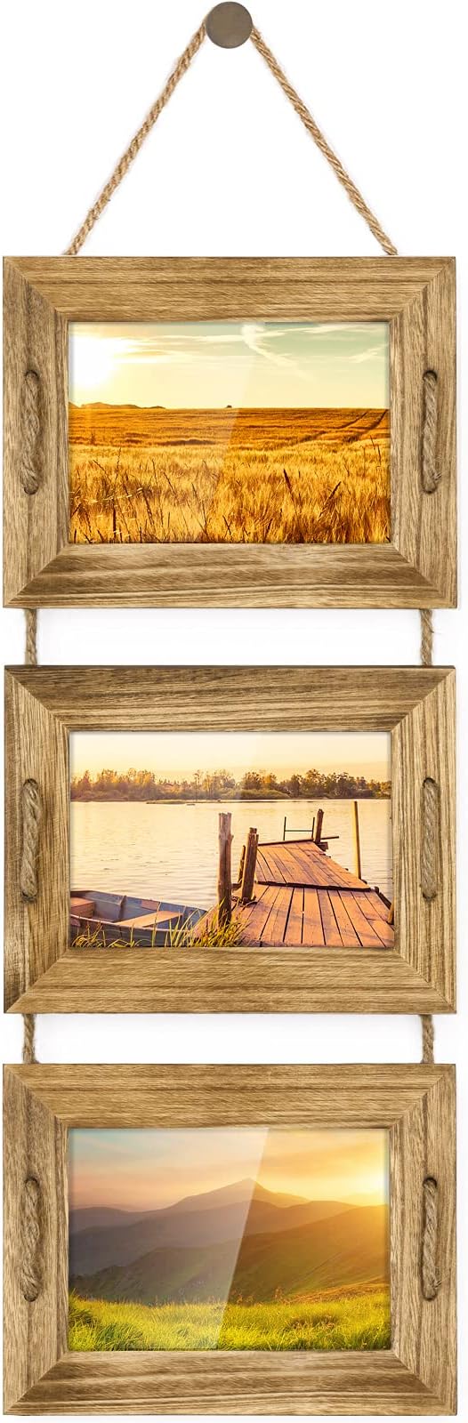 DLQuarts 5x7 Hanging Picture Frames Collage Wall Decor, 3-Opening Photo Frames 5x7 without Mat & 3.5x5 with Mat, Rustic Wood, Carbonized Black