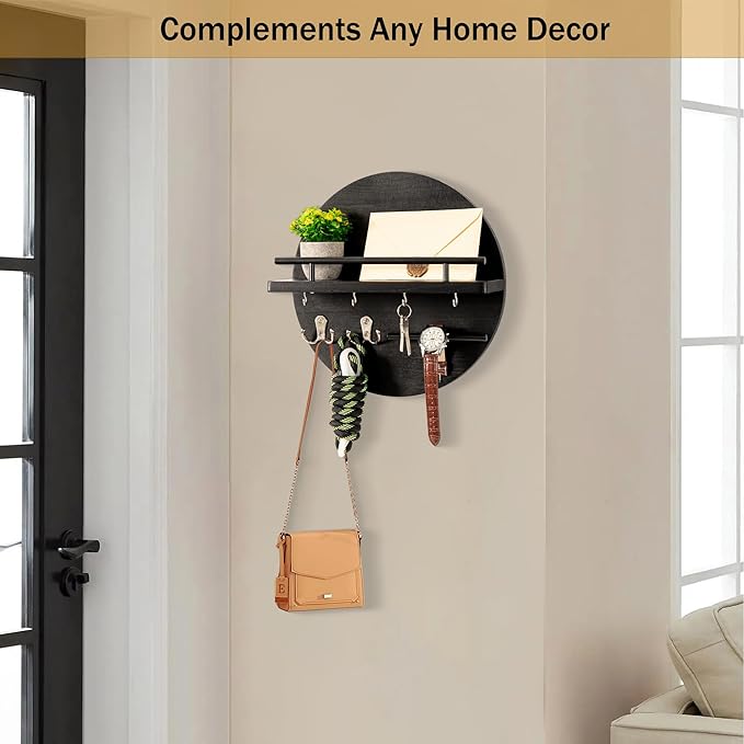 Key Holder for Wall Decorative with Shelf and Hooks, Mail Organizer Wall Mount, Circular Design Entryway Key Rack Hanger, Rustic Home Decor (Black)