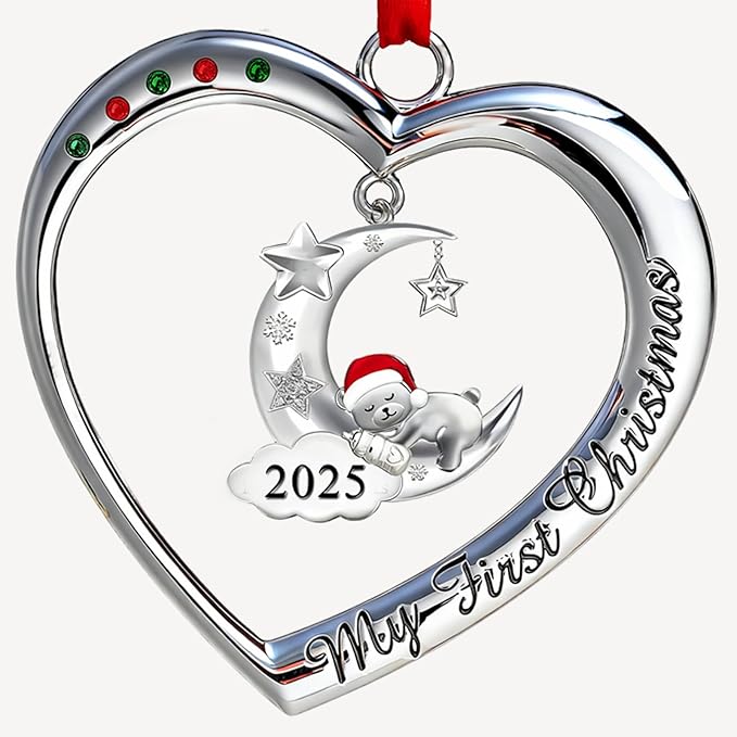Baby's First Christmas Ornament 2025 My 1st Christmas Decorations 2025 Newborn Keepsake Gifts for Girl Boy Silver Heart with Hanging Bear Moon Star