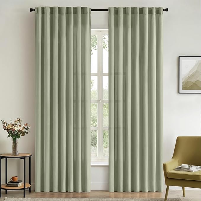 EMEMA Non-See-Through Sheer Curtains 72 Inches Long, Light Filtering Semi Privacy Sheer Curtains for Living Room Bedroom, Window Drapes That Let Light in, 52x72 Inch, 2 Panels, Sage