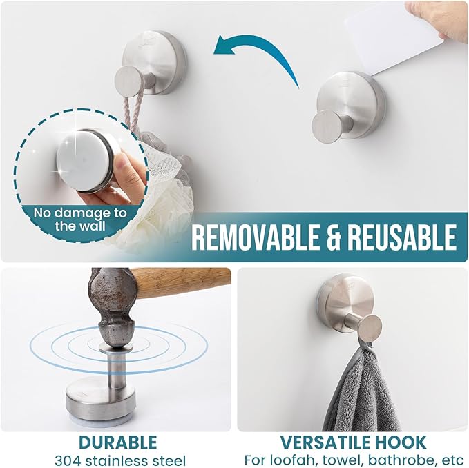 TAILI 304 Stainless Steel Bathroom Suction Hooks for Towel, Bathrobe, Loofah, Patented Strong Suction Cup Holder, No Damage Hanging Glass Shower Wall Hook, Classic Round, 2 Pack, Silver