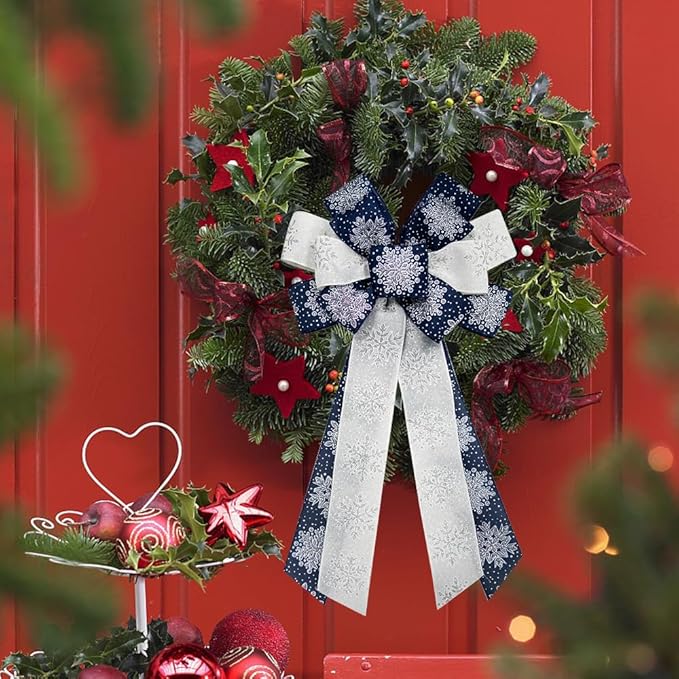 2PCS Christmas Wreath Bows Christmas Decor Bows Navy Blue Snowflake Ribbon Bows for Wreath, Christmas Tree Topper Bows for Christmas Party Decoration Home Indoor Outdoor Xmas Wreath Ornament Supplies