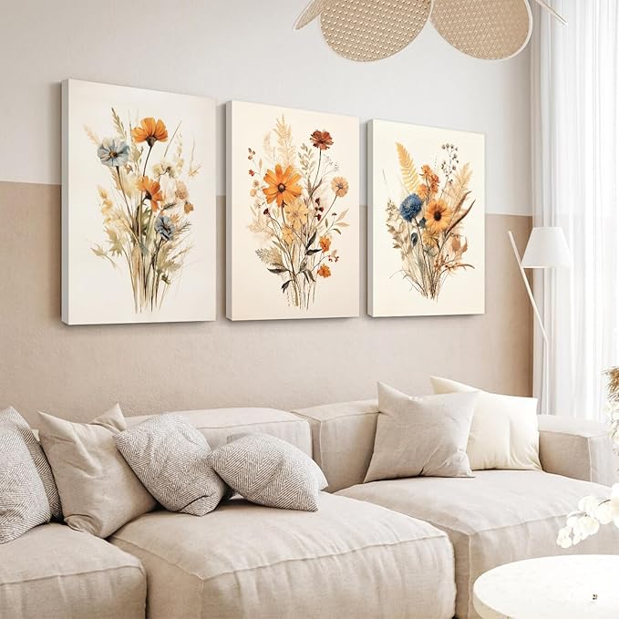 Botanical Floral Wall Art Set of 3 Vintage Wildflower Canvas Wall Decor Watercolor Rustic Farmhouse Wall Art Aesthetic Botanical Pictures Vintage Floral Prints for Bedroom 16x24 Inch Ready to Hang