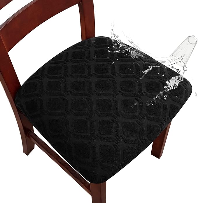 Genina Waterproof Seat Covers for Dining Room Chairs, Stretch Chair Covers Removable Washable Dinning Room Kitchen Chair Seat Cushion Slipcovers (Jacquard-Black, 4 PCS)