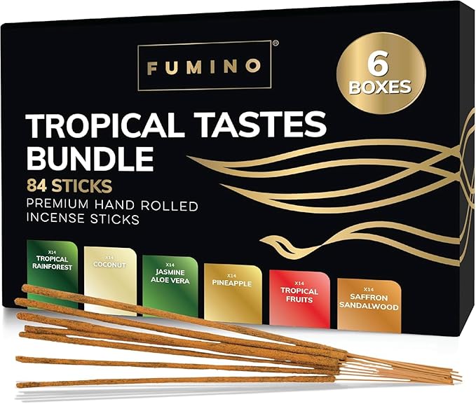 Incense Sticks Fumino Fresh Handmade Multipack Tropical Tastes Bundle 6 Boxes 84 Pieces (3oz) Masala Agarbatti Joss Scent Fragrance for Relaxation and Meditation, Home and House Decor