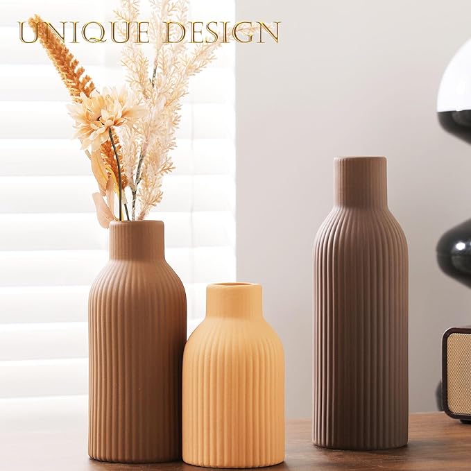 Ceramic Vase Set of 3 - Handcrafted Ceramic Vases for Home Decor & Shelf - Modern Farmhouse Decor for Kitchen, Office, Bedroom & Living Room Decorative Objects for Mantel, Table Centerpieces