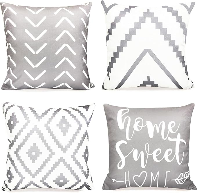 Decorative Throw Pillow Covers 22x22 inch Set of 4 Gray Pillow Covers for Couch Sofa Bed Living Room,Farmhouse Outdoor Throw Pillow Cover,Modern Geometric Linen Square Throw Pillow Case,Grey