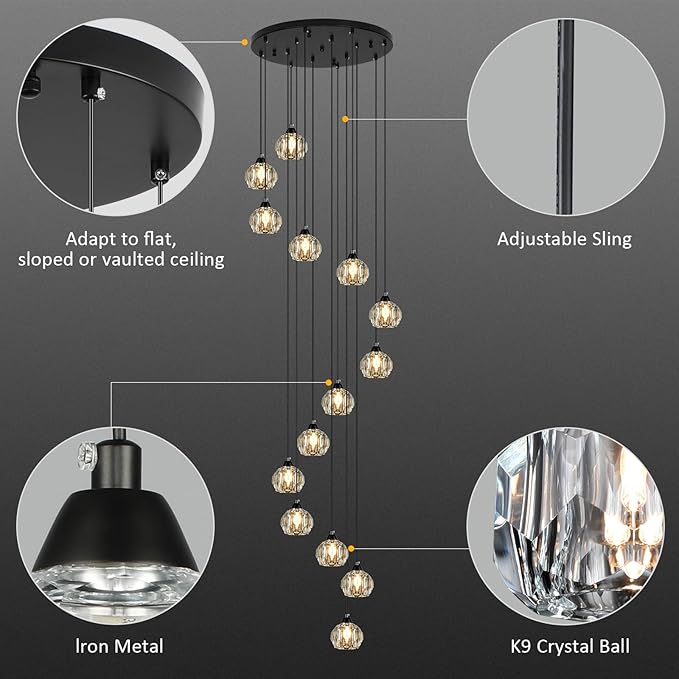 Crystal Chandeliers for Staircases, 14-Light Black Modern Chandeliers for High Ceilings，Crystal Pendant Light Fixture for Living Room Kitchen Island Foyer Hallway Bar