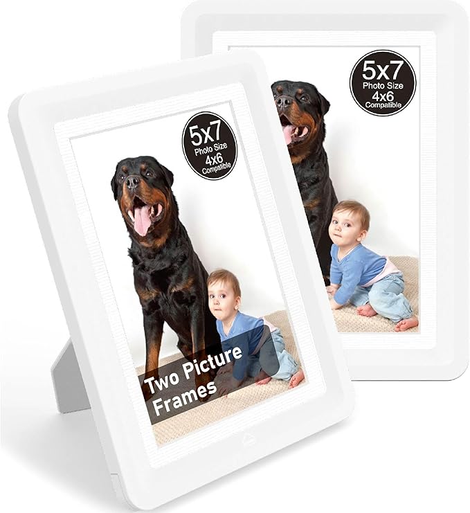 White 5x7 Picture Frame with Acrylic Front 2 Pack, ABS Frame for 5x7 or 4x7 Photos, Shatterproof UV-Resistant Tabletop Photo Frame, Vertical/Horizontal Display for Home Décor