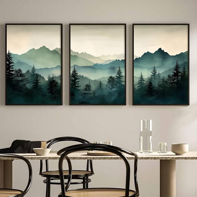 Mountain Wall Art Decor Set of 3 Sage Green Forest Canvas Wall Art Prints Nature Landscape Wall Decor Watercolor Pine Tree Pictures Abstract Modern Painting for Living Room Bedroom 24x36 Inch Unframed