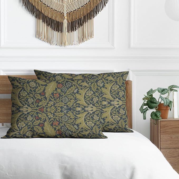 William Morris Pillow Protectors with Zipper Standard Size Vintage Floral Botanical Print Pillow Covers Set of 2 Dark Green Plant Leaf Pillowcases Mid Century Modern Bed Pillow Covers 20"x36"