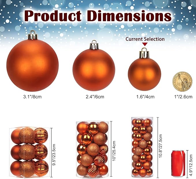 1.57" Orange Christmas Balls Ornaments 40 Pcs Shatterproof Christmas Ornaments Set Halloween Balls Ornament Orange Ornament for Xmas Tree Holiday Party