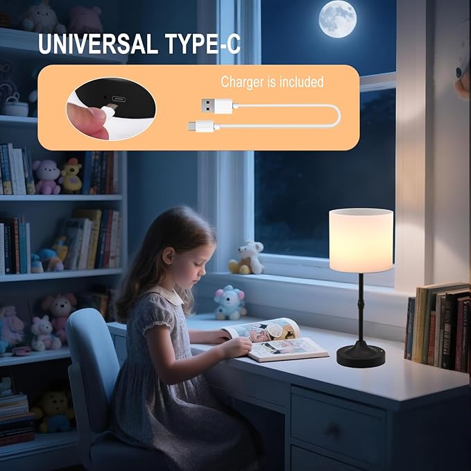 Portable Cordless Table Lamp,Built-in 5200mAH Rechargeable Battery, Dimmable Touch Wireless Light, Bed Side Metal Desk Lamp，Restaurant/Bedroom/Bar/Coffee/Night Light (Blcak)
