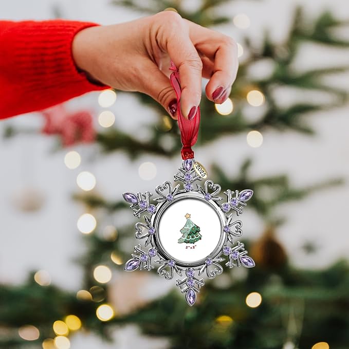 2025 Snowflake Picture Frame Christmas Ornaments 2" Metal Hanging Pendant for Tree Small Decorative Keepsake, Display Photo for Baby and Pet (Purple (2025))