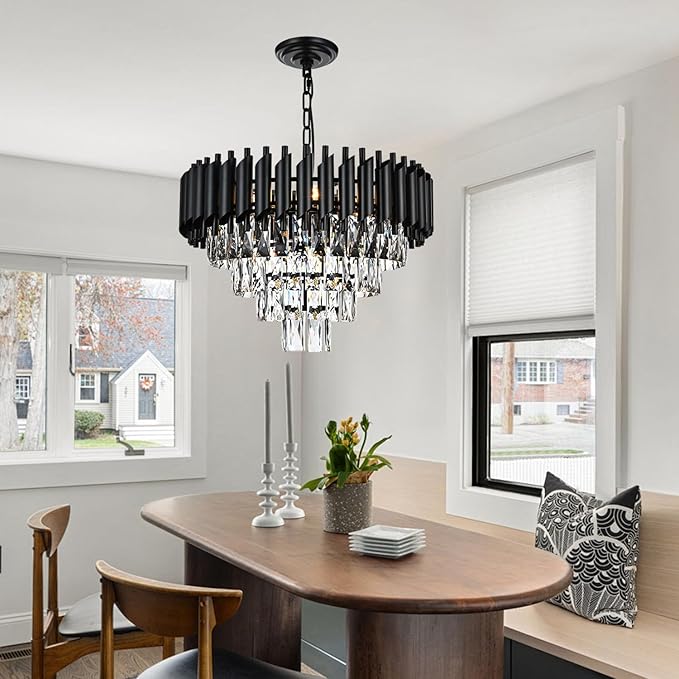 9-Light Modern Round Crystal Chandelier Lights, 4 Tiers Luxury Pendant Ceiling Light, 19.7" Crystal Chandeliers Lighting for Dining Living Room Kitchen Island Bedroom Foyer Hallway (Black)