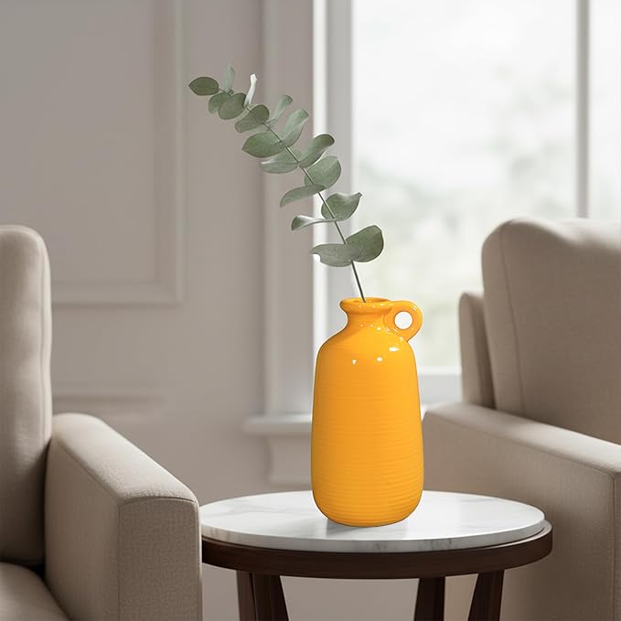 Sunddo Yellow Ceramic Vase for Home Decor -10 inch Modern Handled Decorative Vases for Flowers, Living Room, Kitchen, Shelf, Entryway and Centerpiece Table Decorations